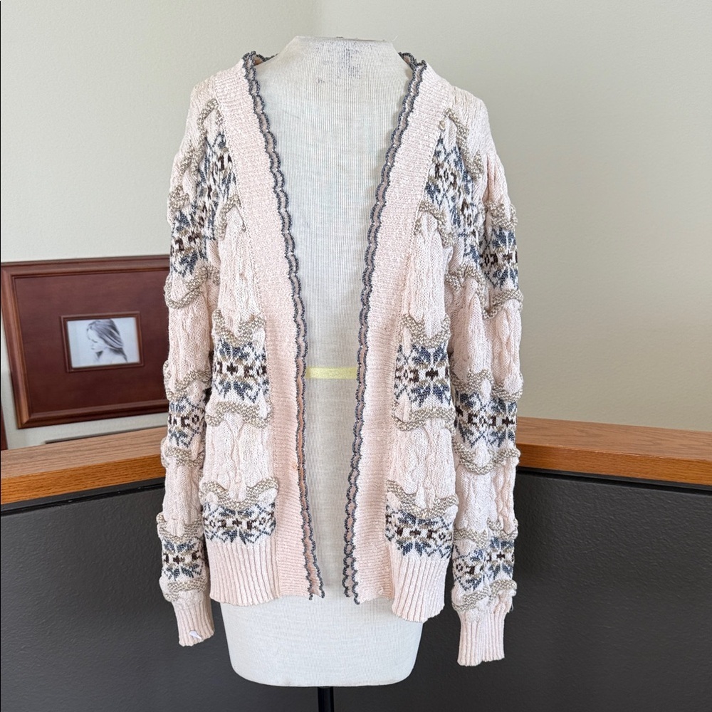 Vintage Open-Front Nordic Textured Cable Knit Cardigan Sweater Blush pattern 3D